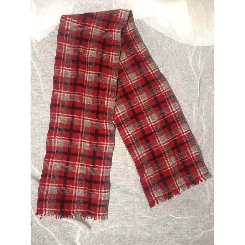 Vintage Woolrich Plaid Red Black White Wool Blend Fringe Unisex Fall Scarf